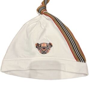 Authentic Burberry White Baby Hat with Bear and Stripe Detail